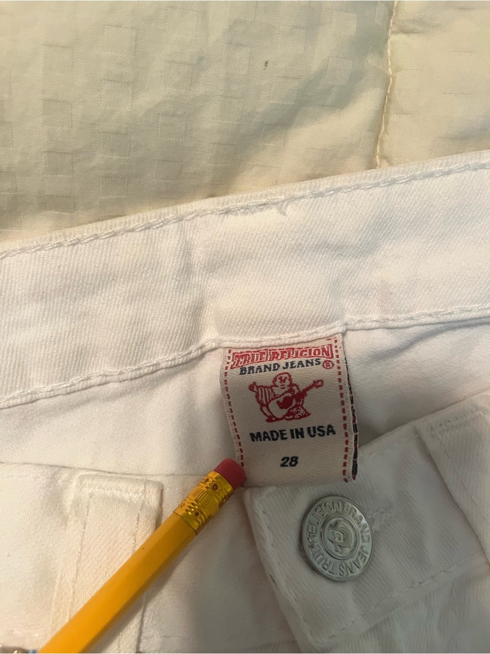 True Religion White Denim Shorts with Light Blue Scroll Print - Picture 11 of 12